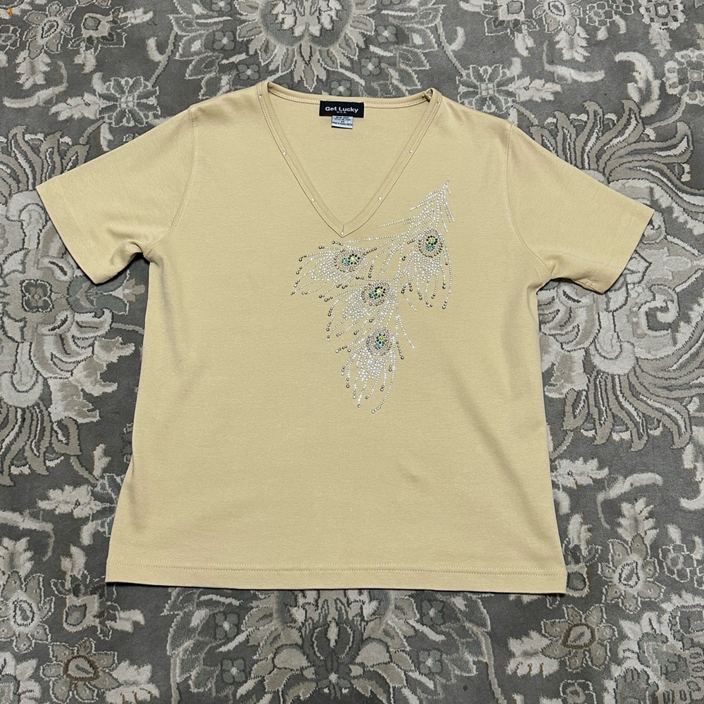 Vintage Get Lucky V-Neck Top with Sparkling Peacock Accents